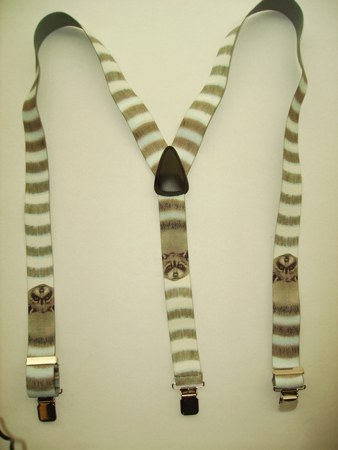 LAZY WILD LIFE RACCOONS "Y" Style 1 1/2" X 48" long. All Straps are stretchable Cotton/Polyester Hand Washable-Hang to Dry Material with Real Leather Patch, 3 Strong 1" x 1" Stainless Steel Grips and Two Secure Stainless Steel Adjusters. Fits 4' 8" to 6' 2" Average Build. Y-UB420N48WLRC LAZY